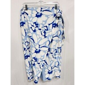 Ann Taylor LOFT Blue White Linen Floral Print Midi Wrap Skirt 6 Vacation Resort